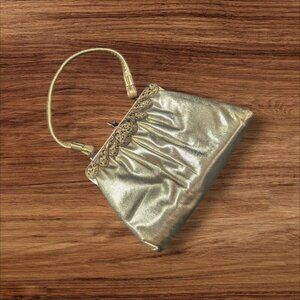 Vintage Joseph Magnin Gold Metallic Evening Purse With Ornate Frame & Satin Inte